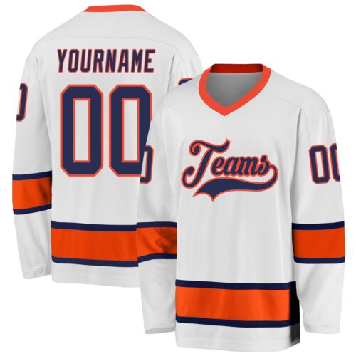 white_0653 Custom White Navy-Orange Hockey Jersey