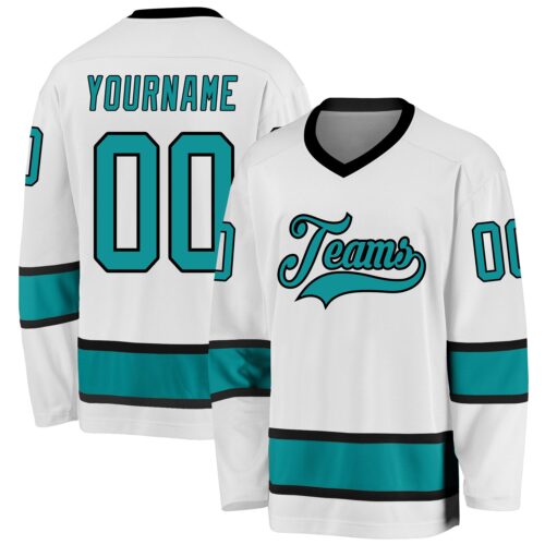 white_0659 Custom White Aqua-Black Hockey Jersey