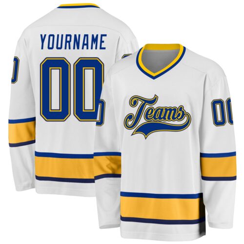 white_0660 Custom White Royal-Gold Hockey Jersey