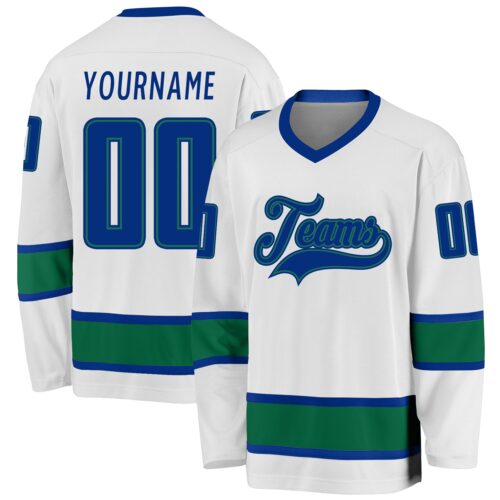 white_0662 Custom White Royal-Kelly Green Hockey Jersey