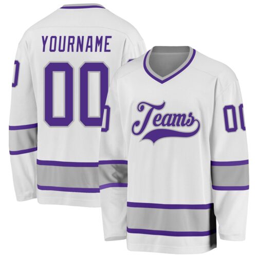 white_0668 Custom White Purple-Gray Hockey Jersey
