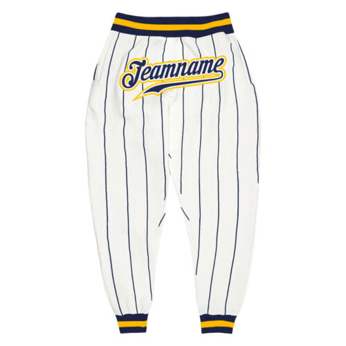 white_0697 Custom White Navy Pinstripe Navy-Gold Sports Pants