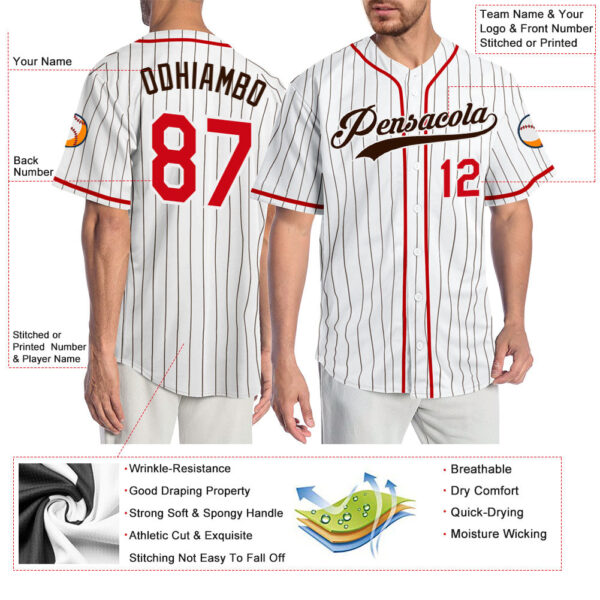 Custom White Brown Pinstripe Red-Brown Authentic Baseball Jersey