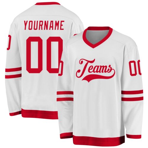 white_0764 Custom White Red Hockey Jersey