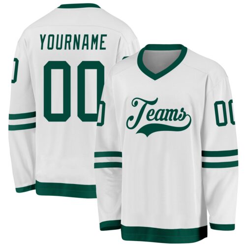 white_0768 Custom White Green Hockey Jersey