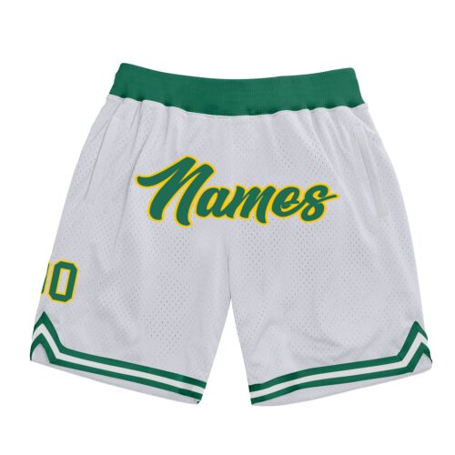 white_0770 Custom White Kelly Green-Gold Authentic Throwback Basketball Shorts