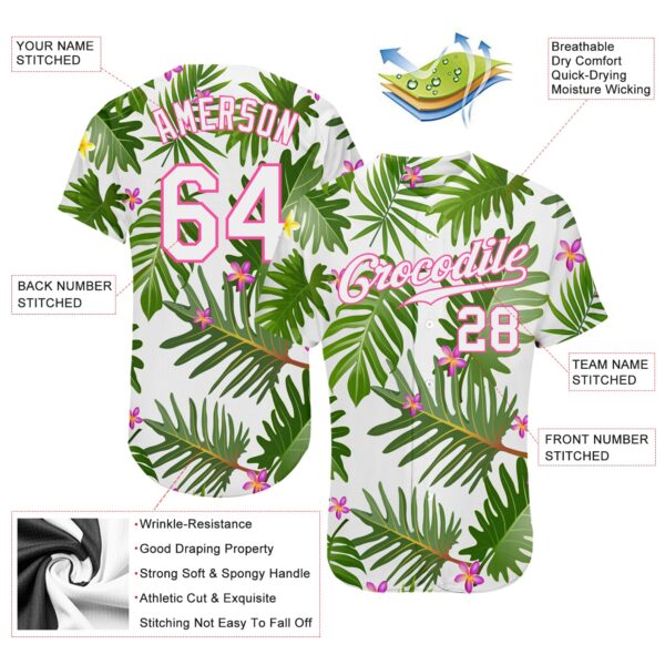 Custom White White-Pink 3D Pattern Design Tropical Palm Leaves Authentic Baseball Jersey