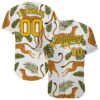 Custom White Gold-Green 3D Pattern Design Leopards And Tropical Palm Leaves Authentic Baseball Jersey