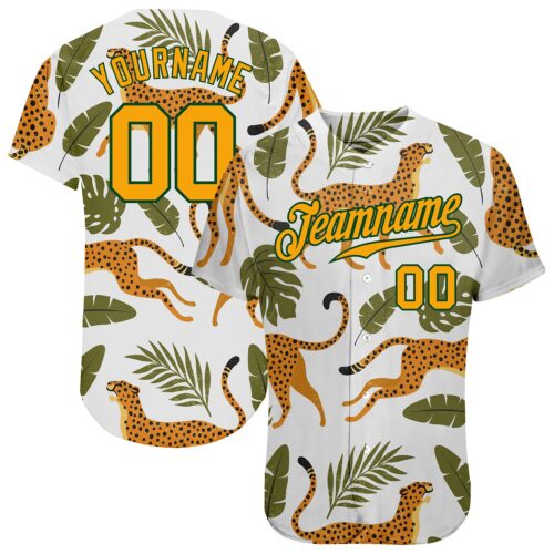 white_0821 Custom White Gold-Green 3D Pattern Design Leopards And Tropical Palm Leaves Authentic Baseball Jersey