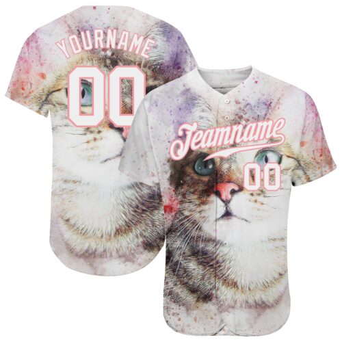 white_0823 Custom White White-Medium Pink 3D Pattern Design Cat Authentic Baseball Jersey