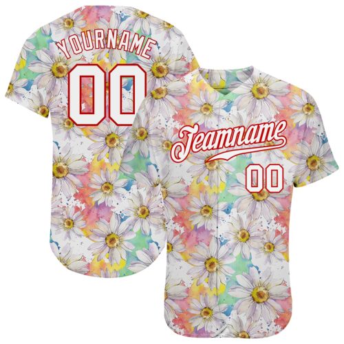 Custom White White-Red 3D Pattern Design Daisy Authentic Baseball Jersey