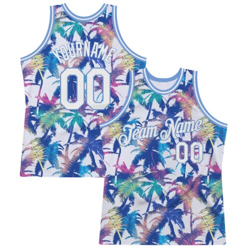 white_0900 Custom White White-Light Blue 3D Pattern Hawaii Palm Trees Authentic Basketball Jersey