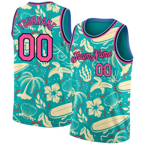 3DPattern1987_8975d4d9-66c3-4ca7-9281-5c69c515e208 Custom Aqua Pink-Black 3D Pattern Tropical Hawaii Trees Authentic Basketball Jersey