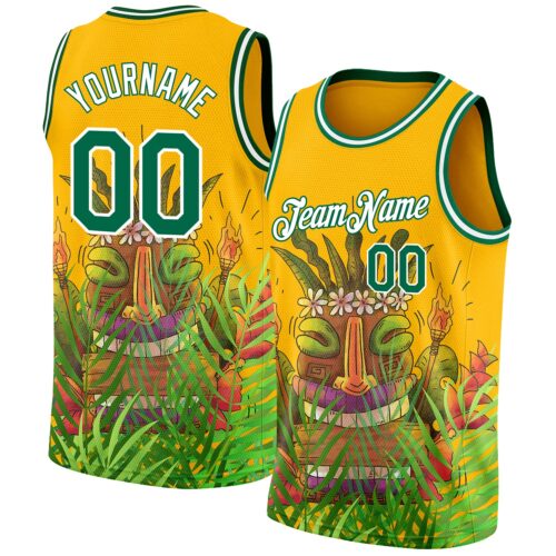 3DPattern1993 Custom Gold Kelly Green-White 3D Pattern Cartoon Tropical Hawaii Rainforest Authentic Basketball Jersey