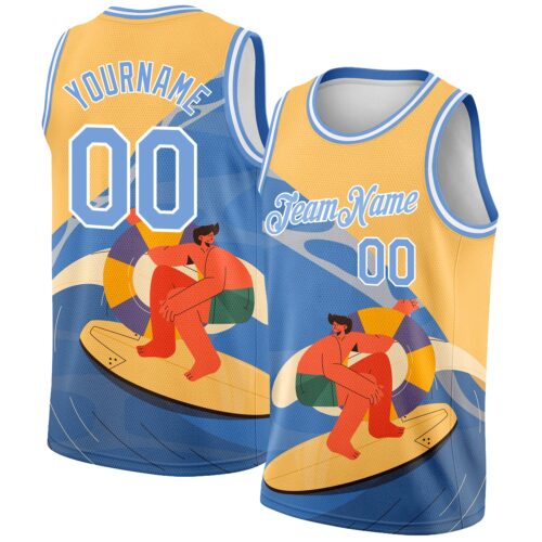 3DPattern2057 Custom Gold Light Blue-White 3D Pattern Summer Beach Surfing Authentic Basketball Jersey