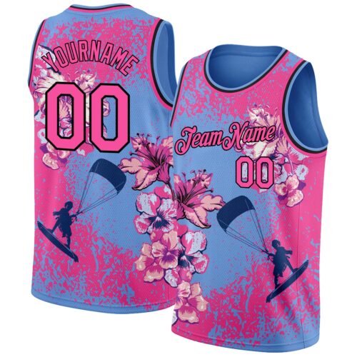 3DPattern2058 Custom Light Blue Pink-Black 3D Pattern Flowers And Beach Surfing Authentic Basketball Jersey