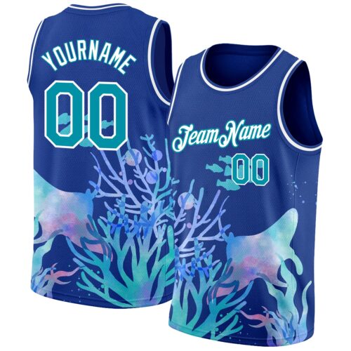 3DPattern2067 Custom Royal Aqua-White 3D Pattern Design Ocean World Authentic Basketball Jersey