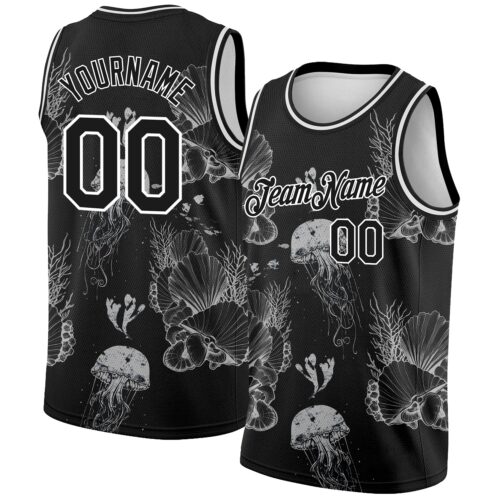 3DPattern2074 Custom Black White 3D Pattern Design Jellyfishes And Seashells Authentic Basketball Jersey