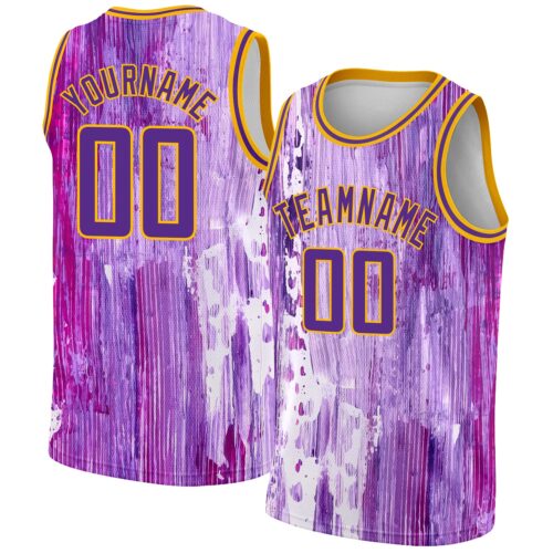 Custom Purple Gold 3D Pattern Design Abstract Liquid Watercolor Style Authentic Basketball Jersey