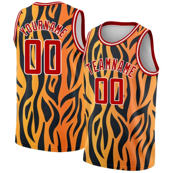 Custom Gold Red-Black 3D Pattern Design Tiger Prints Authentic Basketball Jersey