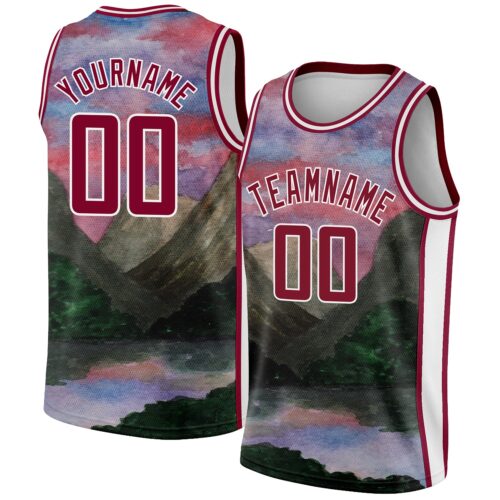 3DPattern2297 Custom White Maroon 3D Pattern Design Natural Landscape Watercolor Style Authentic Basketball Jersey