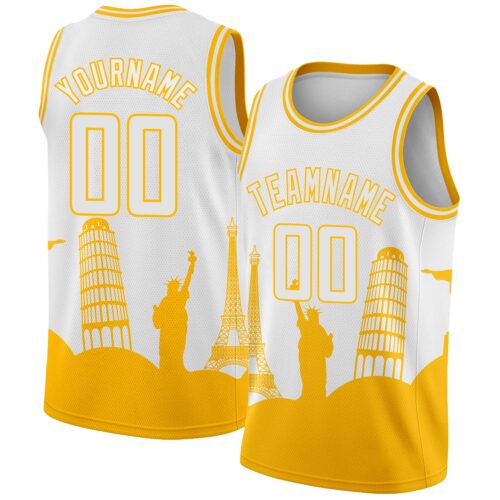 3DPattern2309 Custom White Gold Holiday Travel Monuments Silhouette Authentic City Edition Basketball Jersey