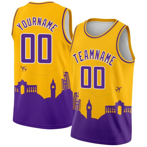 3DPattern2318 Custom Gold Purple-White Holiday Travel Monuments Silhouette Authentic City Edition Basketball Jersey