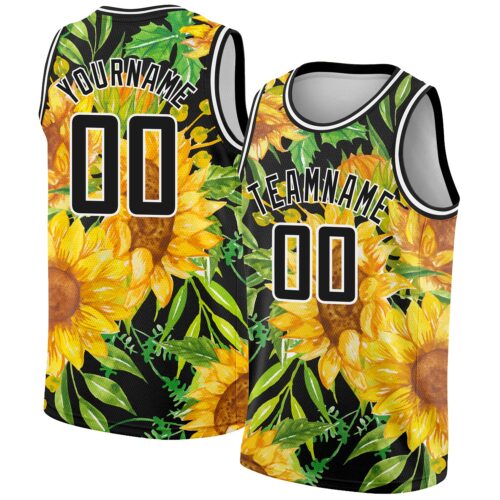 3DPattern2379 Custom Black Gold-White 3D Pattern Design Sunflowers Authentic Basketball Jersey