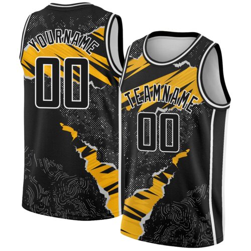 3DPattern2385 Custom Black Gold-White 3D Pattern Design Torn Paper Style Authentic Basketball Jersey