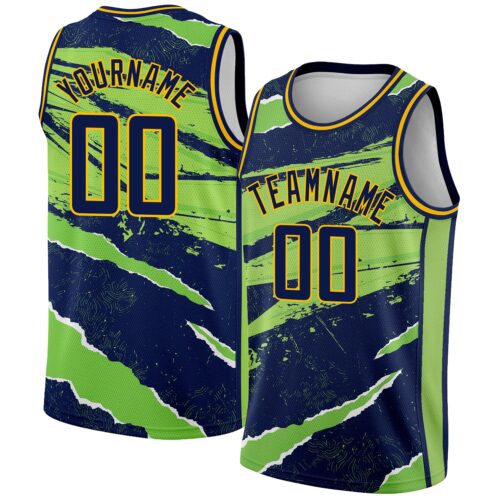 3DPattern2389 Custom Navy Neon Green-Gold 3D Pattern Design Torn Paper Style Authentic Basketball Jersey