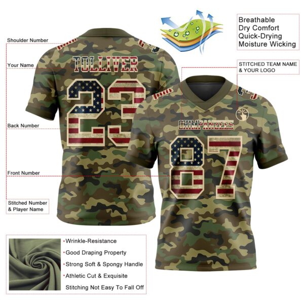 3DPattern7735-2 Custom Camo Vintage USA Flag Cream-Olive 3D Pattern Salute To Service Authentic Football Jersey
