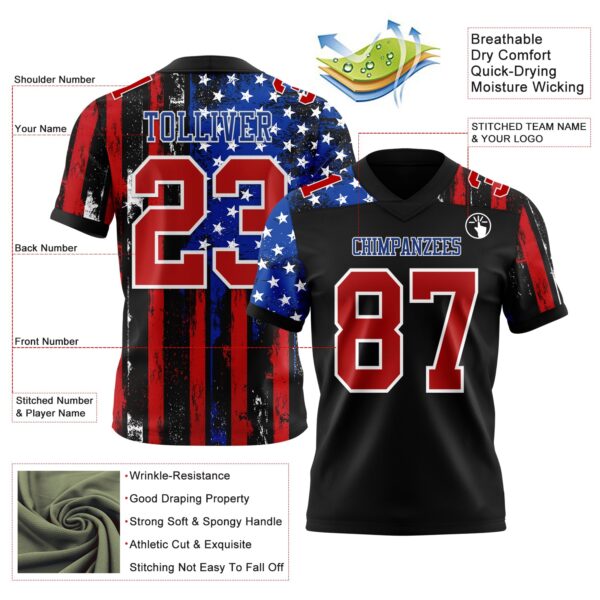 3DPattern7747-2 Custom Black Red Royal-White 3D Pattern American Flag Authentic Football Jersey