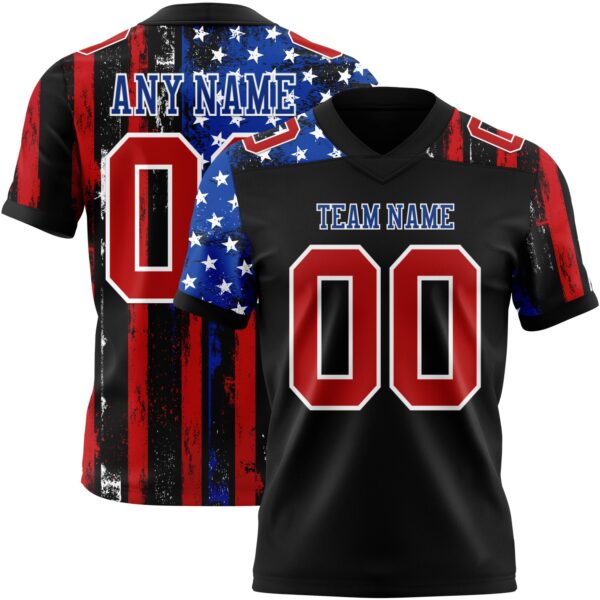 3DPattern7747 Custom Black Red Royal-White 3D Pattern American Flag Authentic Football Jersey