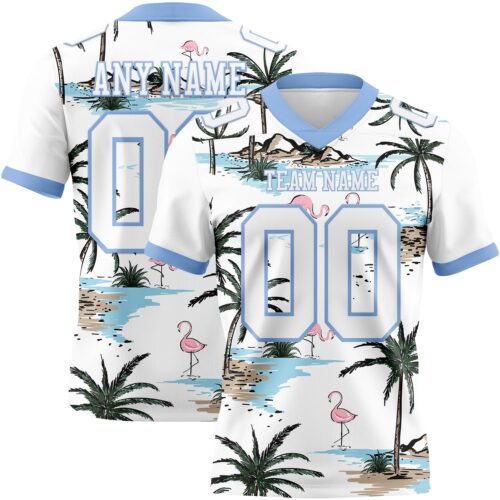 Custom White Light Blue 3D Pattern Hawaii Palm Trees Authentic Football Jersey