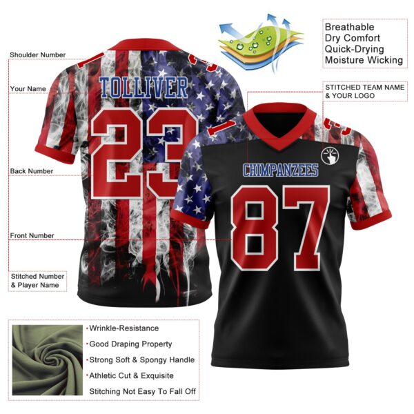 3DPattern7749-2 Custom Black Red Royal-White 3D Pattern American Flag Authentic Football Jersey