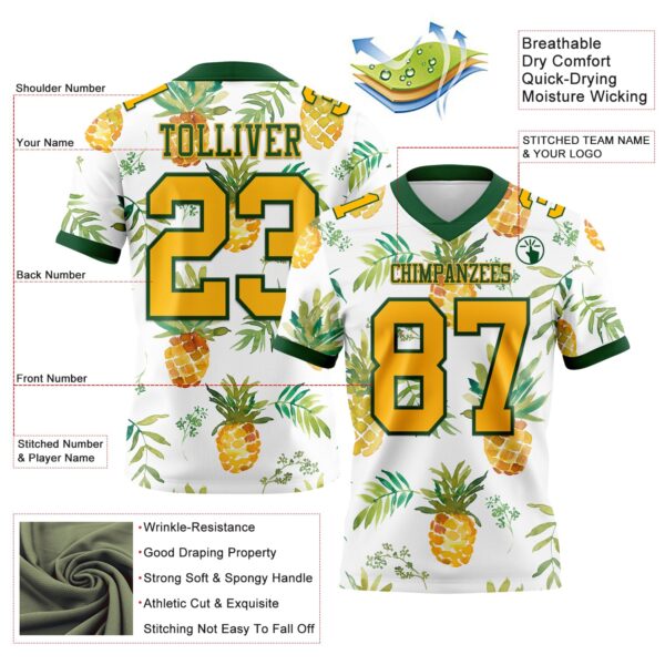 Custom White Gold-Green 3D Pattern Fruit Pineapple Authentic Football Jersey