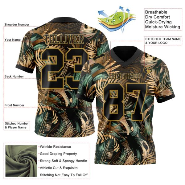 Custom Black Old Gold 3D Pattern Tropical Hawaii Jungle Leaves Authentic Football Jersey