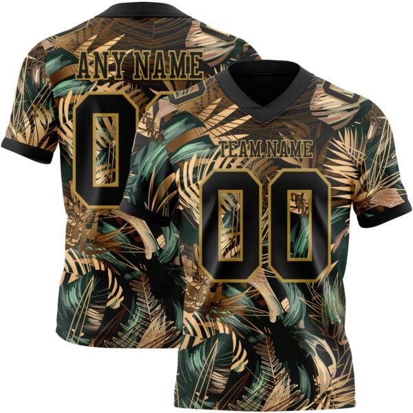 Custom Black Old Gold 3D Pattern Tropical Hawaii Jungle Leaves Authentic Football Jersey