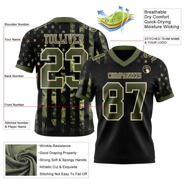 Custom Black Olive-Cream 3D Pattern American Flag Authentic Football Jersey