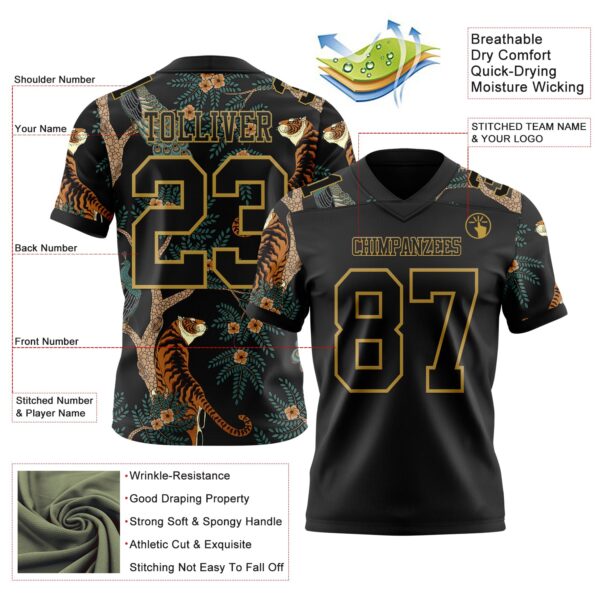 Custom Black Old Gold 3D Pattern Tiger And Peacock Authentic Football Jersey