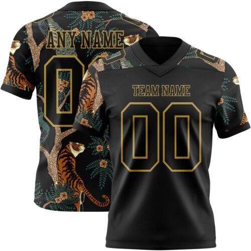Custom Black Old Gold 3D Pattern Tiger And Peacock Authentic Football Jersey