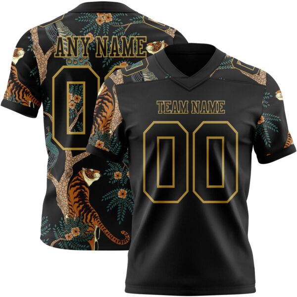 Custom Black Old Gold 3D Pattern Tiger And Peacock Authentic Football Jersey