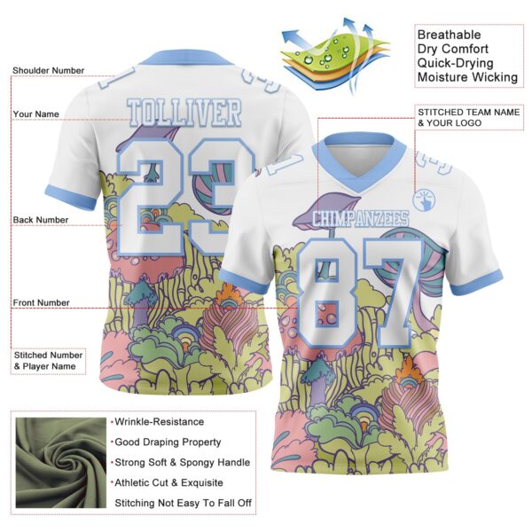 Custom White Light Blue 3D Pattern Colorful Flowers And Mushrooms Psychedelic Hallucination Authentic Football Jersey