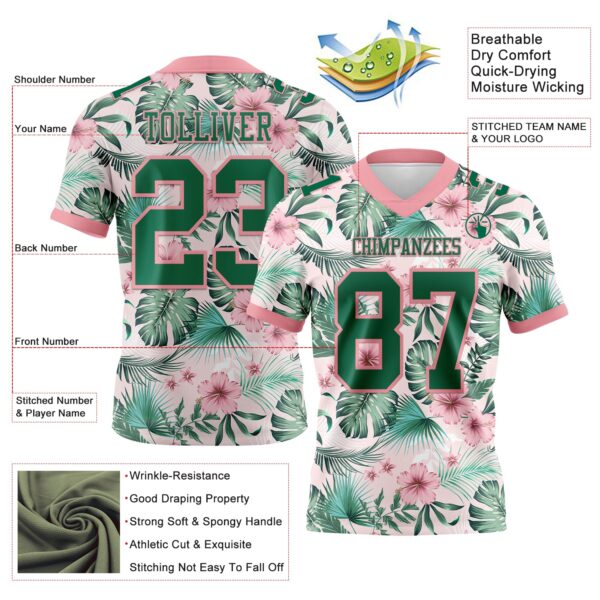 Custom Medium Pink Kelly Green 3D Pattern Hawaii Palm Leaves And Flowers Authentic Football Jersey