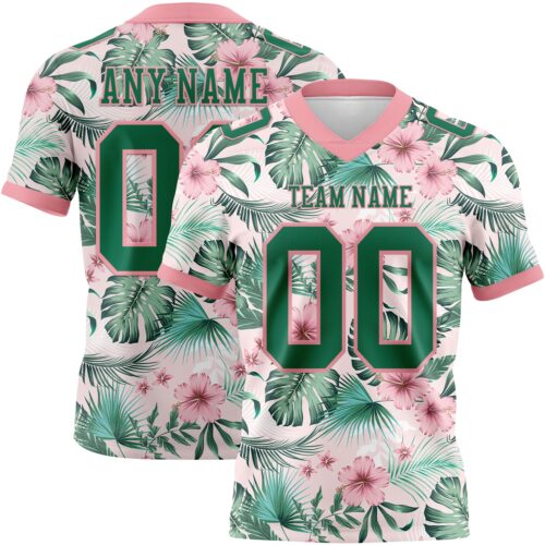 Custom Medium Pink Kelly Green 3D Pattern Hawaii Palm Leaves And Flowers Authentic Football Jersey