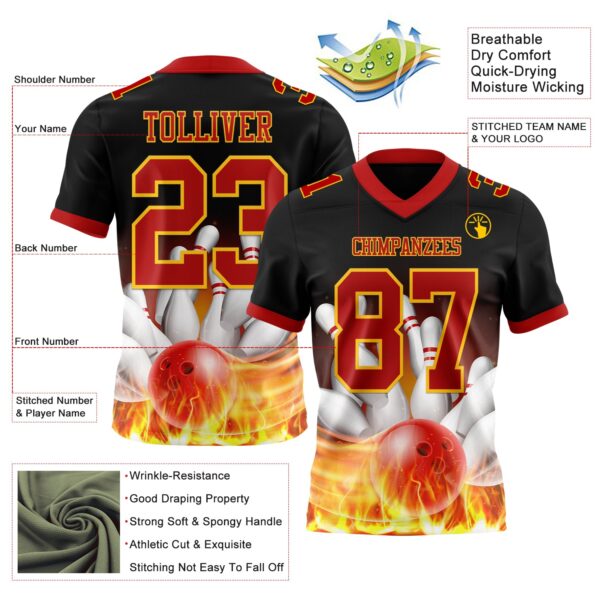 Custom Black Red-Yellow 3D Pattern Flame Bowling Authentic Football Jersey