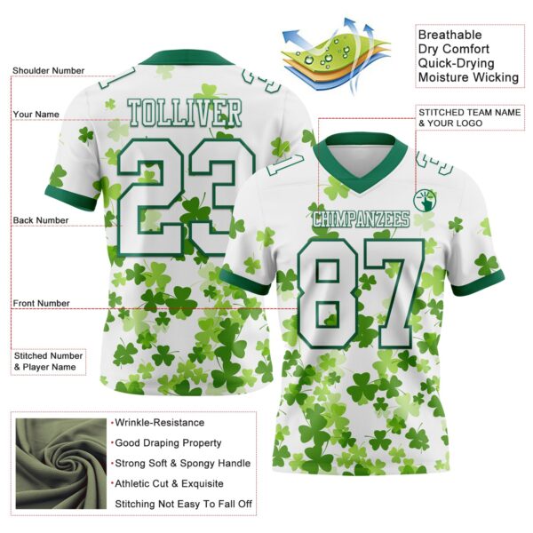Custom White Kelly Green 3D Pattern St. Patrick's Day Authentic Football Jersey