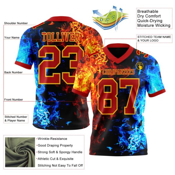 3DPattern7781-2 Custom Red Gold 3D Pattern Flame Authentic Football Jersey