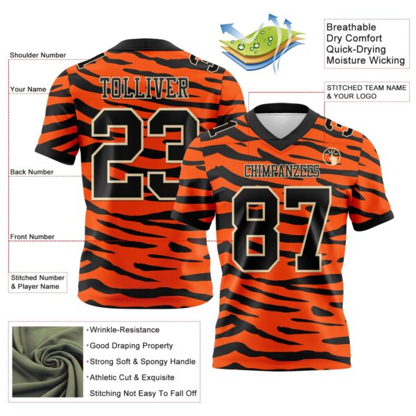 Custom Orange Black-Cream 3D Pattern Tiger Print Authentic Football Jersey
