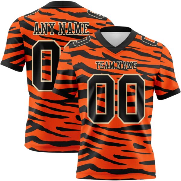 Custom Orange Black-Cream 3D Pattern Tiger Print Authentic Football Jersey